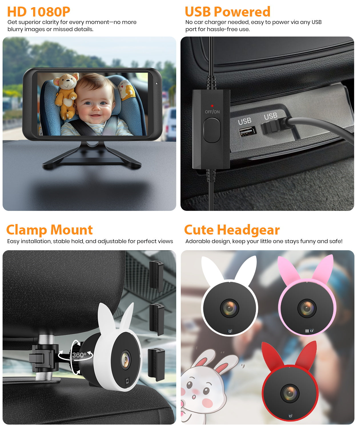 USB Car Camera for Baby : 4.5" Baby Car Camera with 1080P Crystal Clear Mirror View, Easy Installation Carseat Camera Rear Facing Kids, HD IR Night Vision Backseat Camera