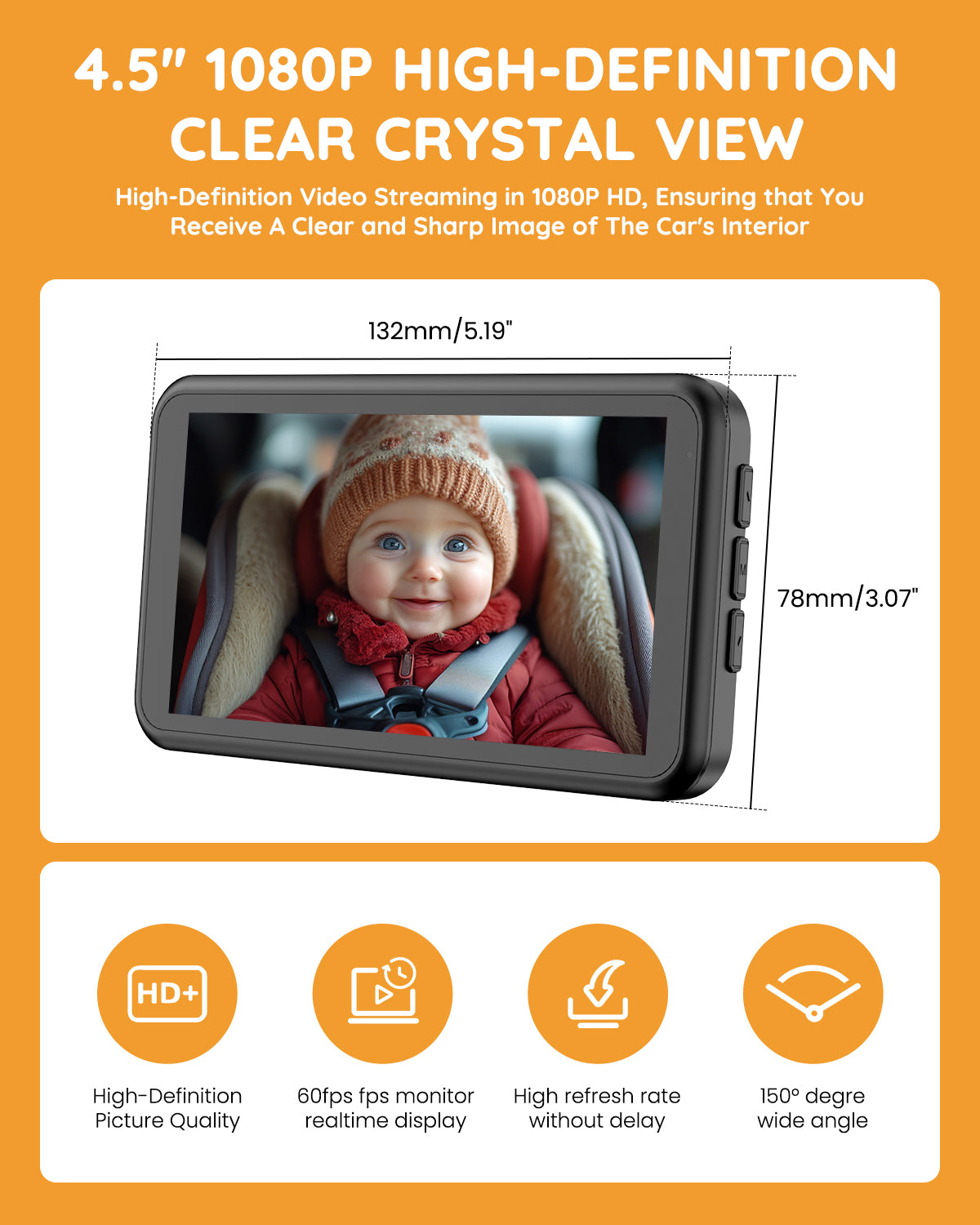 Baby Car Mirror Plug-Play, 4.5" 1080P HD Crystal Clear View Baby Car Camera with 3X Zoom, Safety 360 Rotation Rear Facing Car Seat for Baby, Baby Travel Essential