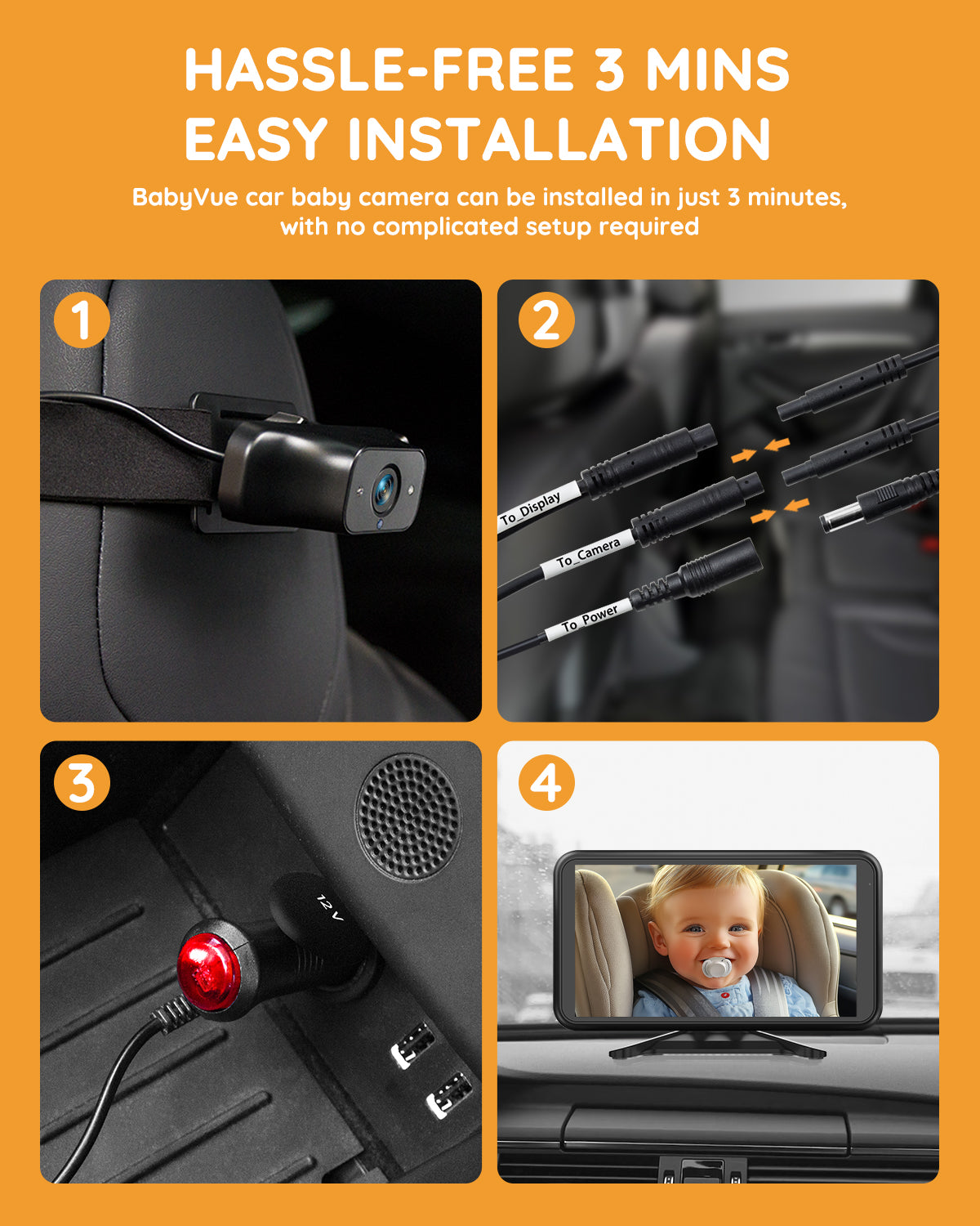 Baby Car Mirror Plug-Play, 4.5" 1080P HD Crystal Clear View Baby Car Camera with 3X Zoom, Safety 360 Rotation Rear Facing Car Seat for Baby, Baby Travel Essential