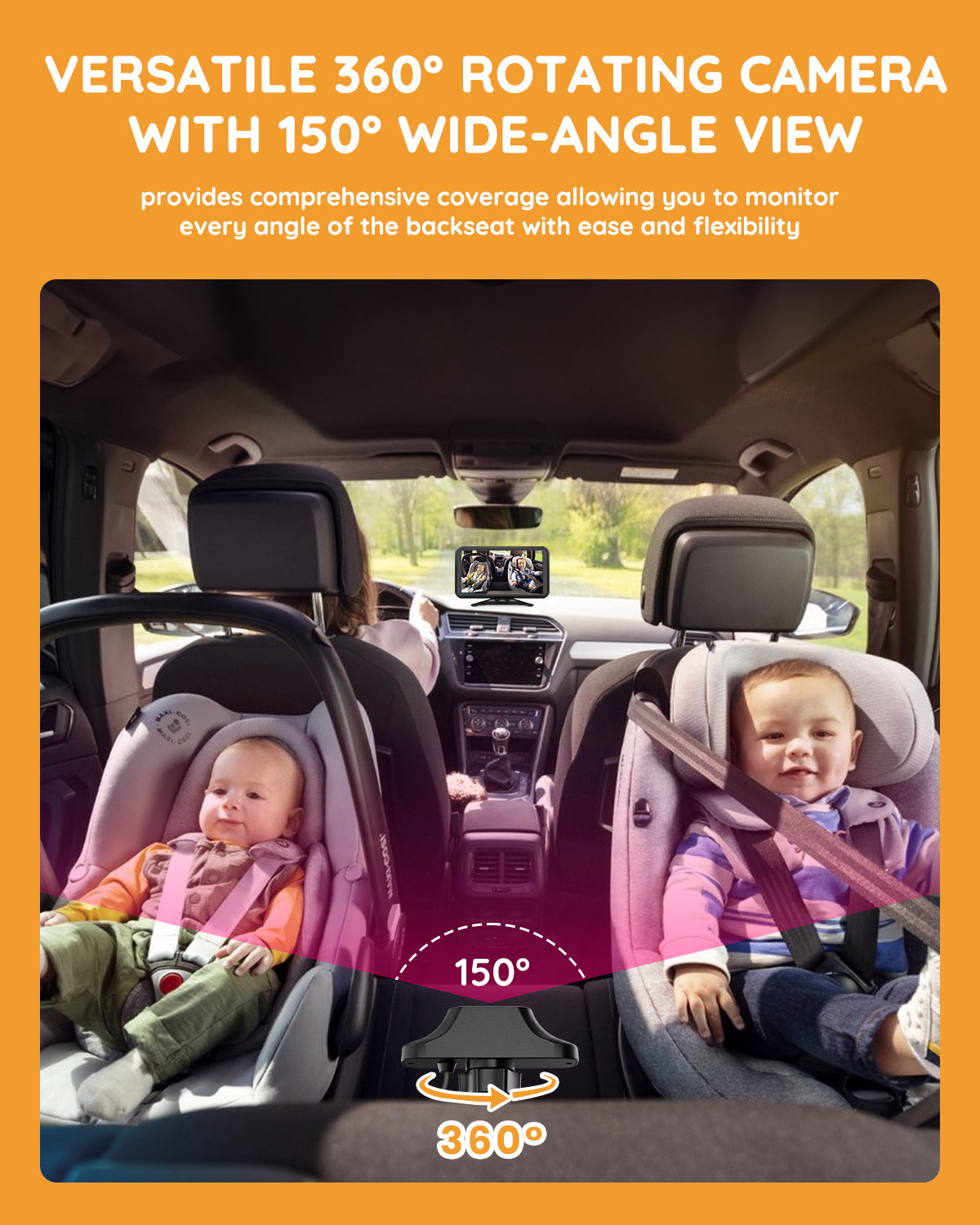 Baby Car Mirror Plug-Play, 4.5" 1080P HD Crystal Clear View Baby Car Camera with 3X Zoom, Safety 360 Rotation Rear Facing Car Seat for Baby, Baby Travel Essential