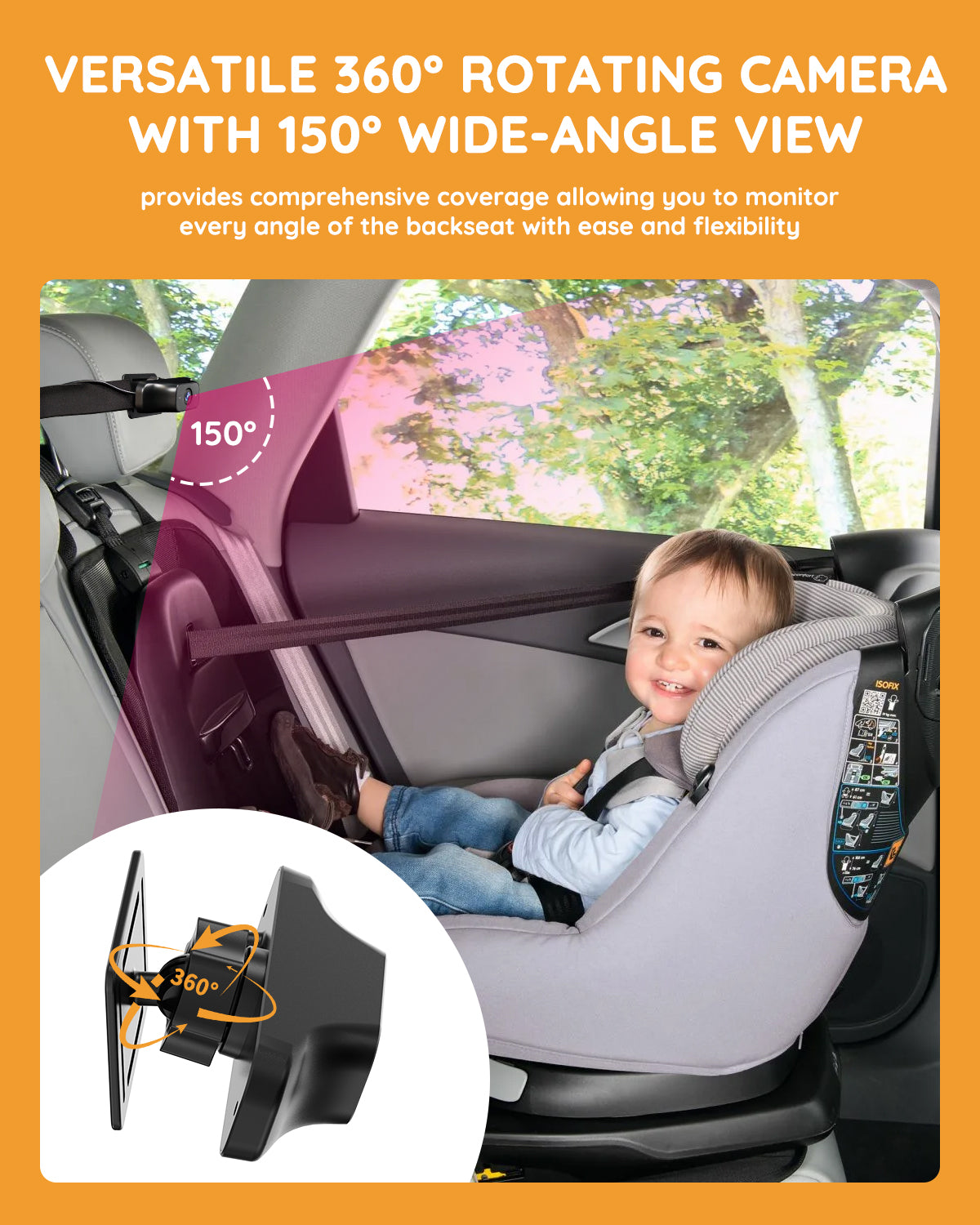 Baby Car Mirror Plug-Play, 4.5" 1080P HD Crystal Clear View Baby Car Camera with 3X Zoom, Safety 360 Rotation Rear Facing Car Seat for Baby, Baby Travel Essential