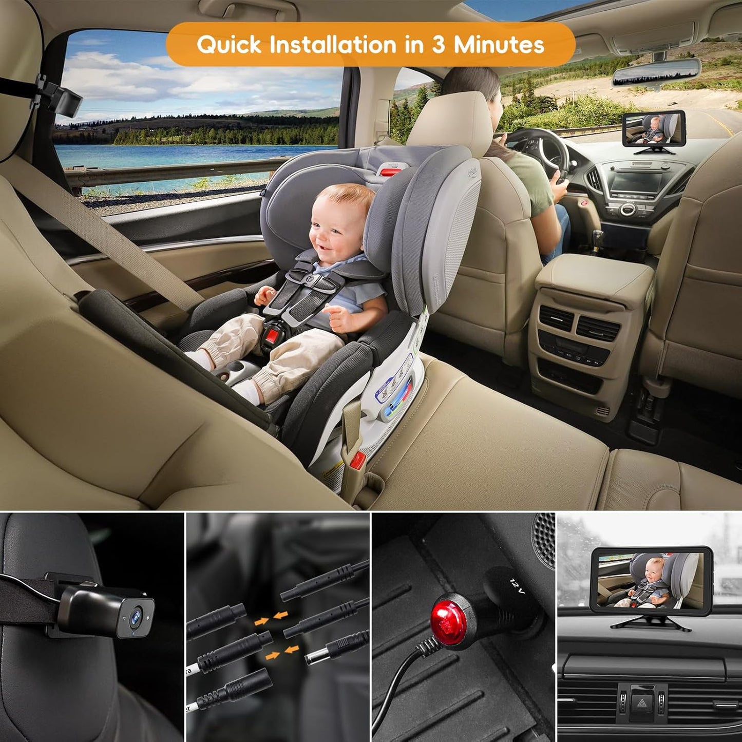 Baby Car Camera for 2 Kids with IR Night Vision, 3X Zoom Car Camera for Baby 1080p HD Images 360°Rotating Adjustable Car Seat Camera for Baby Rear Facing BV1