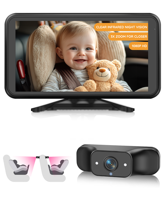 Baby Car Mirror Plug-Play, 4.5" 1080P HD Crystal Clear View Baby Car Camera with 3X Zoom, Safety 360 Rotation Rear Facing Car Seat for Baby, Baby Travel Essential